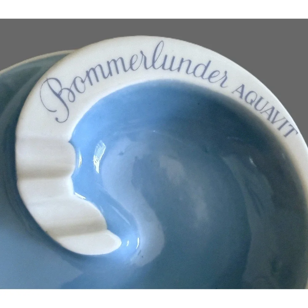 Bommerlunder Aquavit Bavaria Ceramic Ashtray Vintage Barware Blue White Freeform